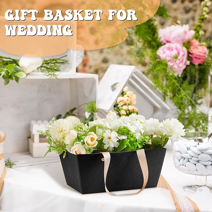 Tuanse 30 Pcs Basket for Gift Empty DIY Bulk Gift Basket Kit with Handle Kraft Cardboard Tray with 30 Bag 30 Bow Market Tray for Wedding Party(Black,9.8 x 6.5 x 4.3 in)