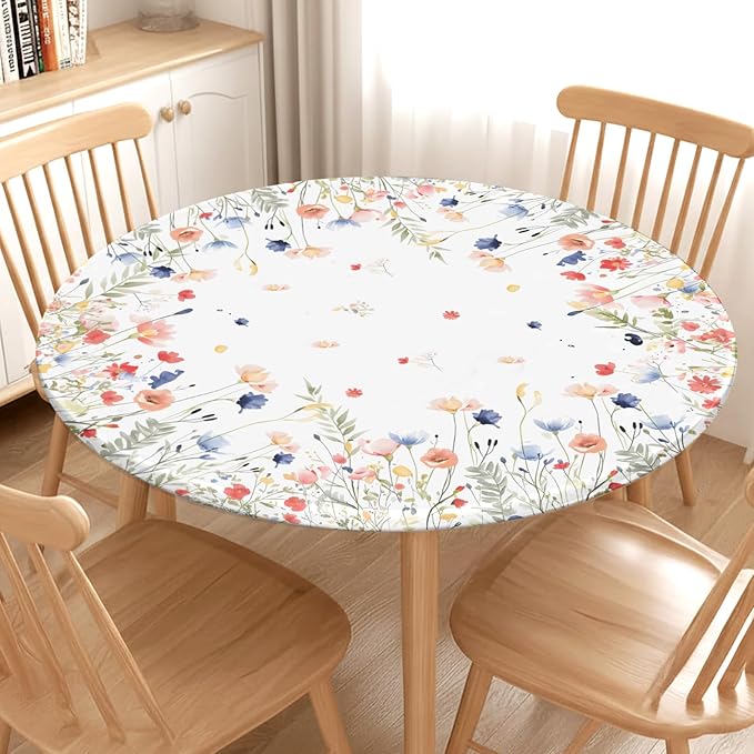 Spring Summer Floral Round Fitted Tablecloth with Elastic Watercolor Farmhouse Wildflower Circle Table Cloth for 40-44" Tables Wipeable Waterproof Easter Flower Table Cover for Picnic Dining Outdoor