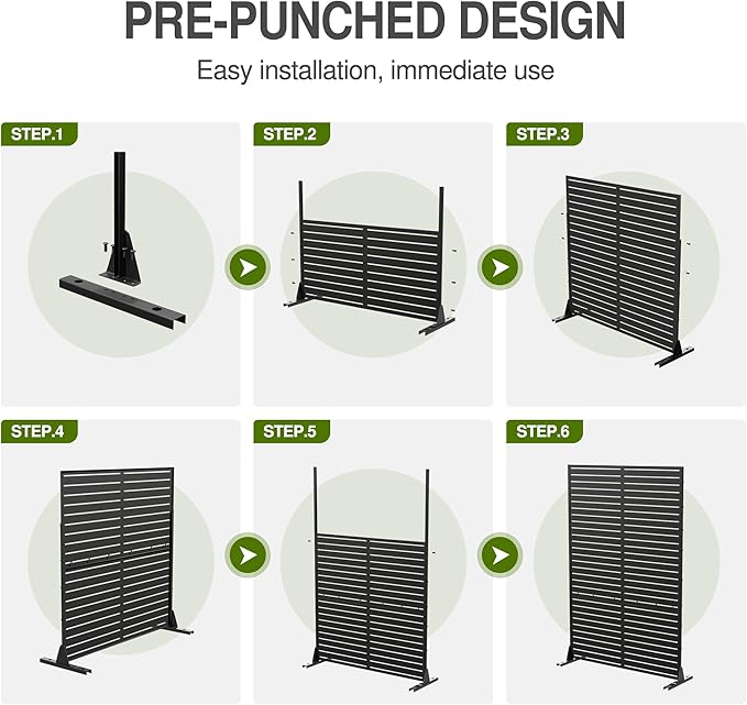 Casaphoria 72" H x 47" W Metal Outdoor Privacy Screen, Freestanding Decorative Divider for Patio, Deck, Balcony, and Garden with Stable Base, Black Leaves