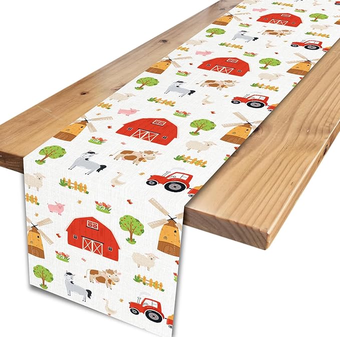 Farm Animals Table Runner, Rustic Farmhouse Cow Pig Rooster Watercolor Coffee Table Center Decor for Home Kitchen Dining Patio Holiday Party Indoor Outdoor Table Decorations, 13"x108" Inch