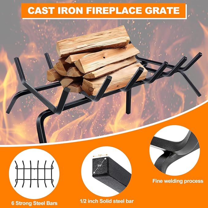 Fireplace Grate,Fireplace Log Holder,27 inch Heavy Duty Solid Cast Iron FIrewood Log Burning Rack for Inside The Fireplace Accessories Outood Fire Pit Kindling Fireplace Tools