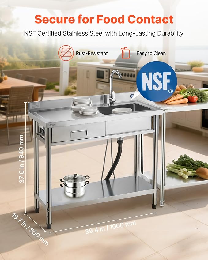 VEVOR Stainless Steel Utility Sink, Free Standing Single Bowl Commercial Kitchen Sink with Drawer, Faucet and Hot & Cold Water Pipe, Utility Basin for Garage Restaurant Laundry, 39.4 x 19.7 x 37 in