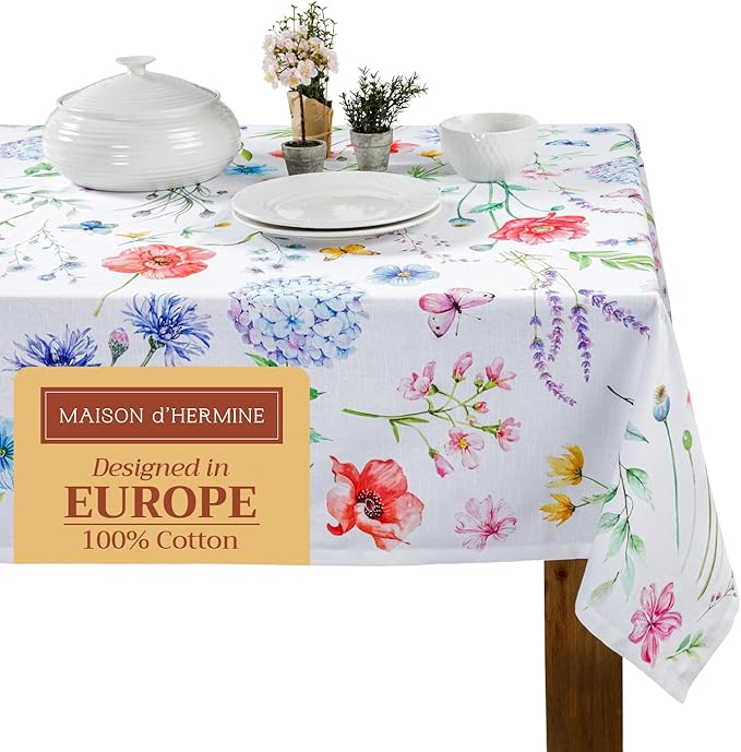 Maison d' Hermine Table Cloth Square Table 100% Cotton 54 x 54 Inches Tablecloth Reusable Decorative Everyday Use for Dining Room, Farmhouse, Home, Party, Festive & Wedding Spring Summer - Just Floral