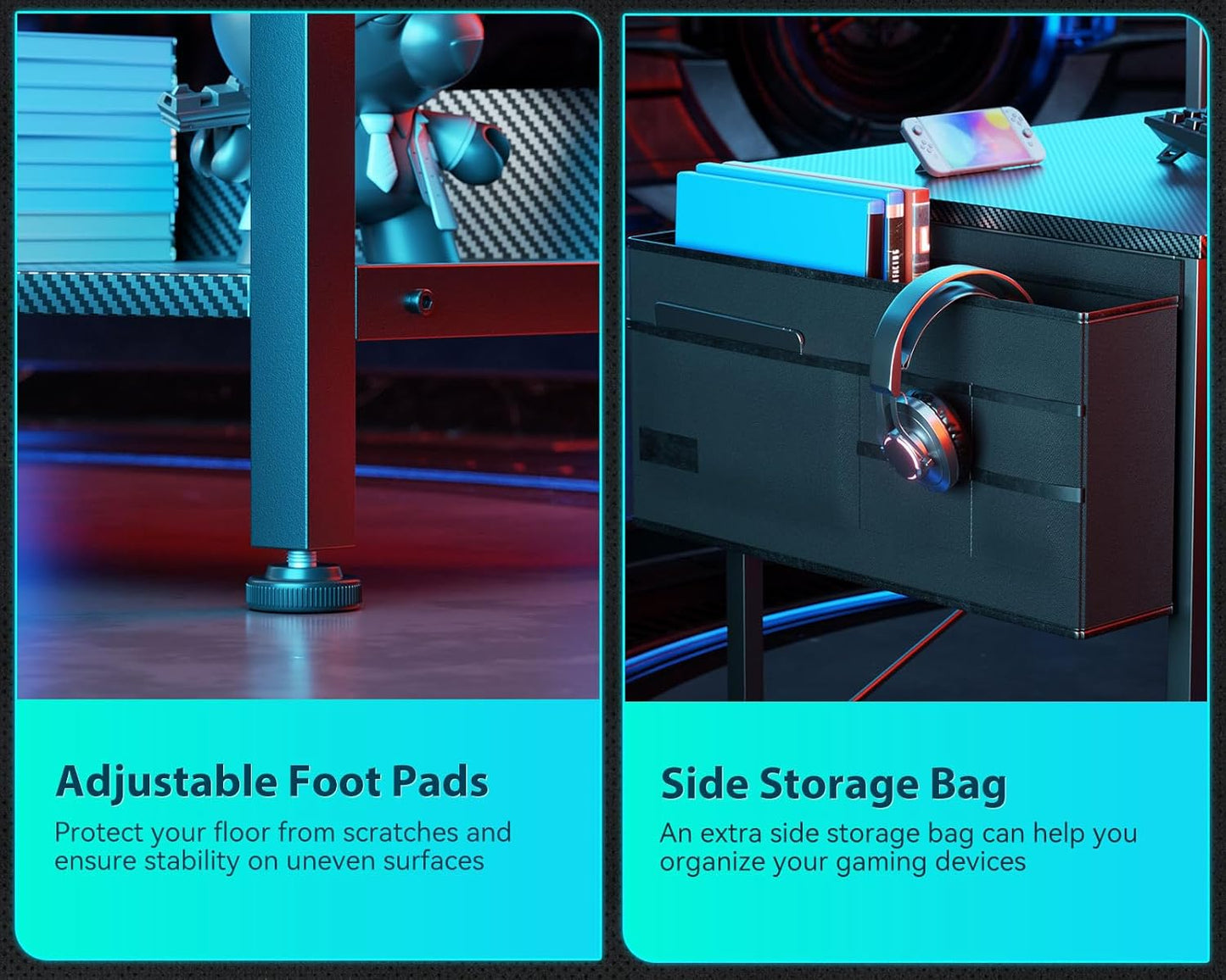 ODK 48 Inch Small L Shaped Gaming Computer Desk with Power Outlets, Corner Desk with Reversible Storage Shelves & PC Stand for Small Space, Modern Simple Home Office Table, Carbon Fiber Surface, Black