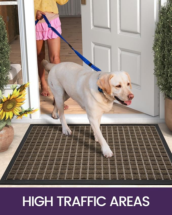 DEXI Front Door Mat Outside Entrance, 17x29 Rubber Entry Doormat Heavy Duty, Welcome Mats Non Slip for Inside House Floor Entryway Double Doors Exterior Patio, Checkered Brown