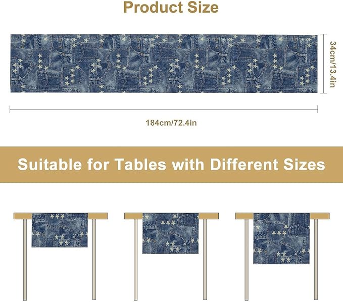 Patchwork Table Runner, Vintage Romance Jeans Pentagram Splicing Print Table Runner for Kitchen Dining Picnic Coffee Home 13x90in