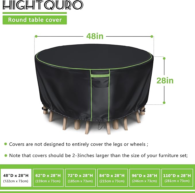 Round Patio Table Cover for Outdoor Table Chairs Set,600D Outdoor Furniture Cover Waterproof,Tear Resistance and Anti-UV,48" Dia x 28" H,Black