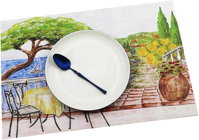 Gugrida Placemats Set of 6 Plaid Checkered Colorful Landscape PVC Placemat for Dining Table Durable Woven Vinyl Stain tablemats 18"X12"