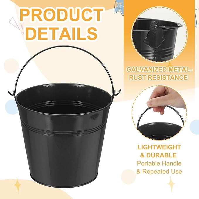 Small Metal Buckets, Mini Buckets with Handle Galvanized Colored Tin Pail Containers Basket Party Supplies - Fit for (Halloween - Classroom Crafts) 5" & 10Pcs & Black
