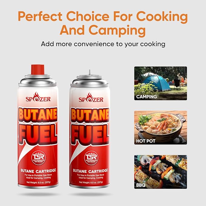 Butane Fuel Canister, 8oz (227g) Butane Refill with TSR Safety Valve, for Camping Stoves, Kitchen Torch, BBQ, 4 PCS