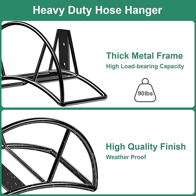 TomCare Garden Hose Holder Wall Mount Metal Water Hose Holder Holds 125Ft Hoses Heavy Duty Hose Hanger Sturdy Hoses Storage Organizer for Outside Yard Garden, Black