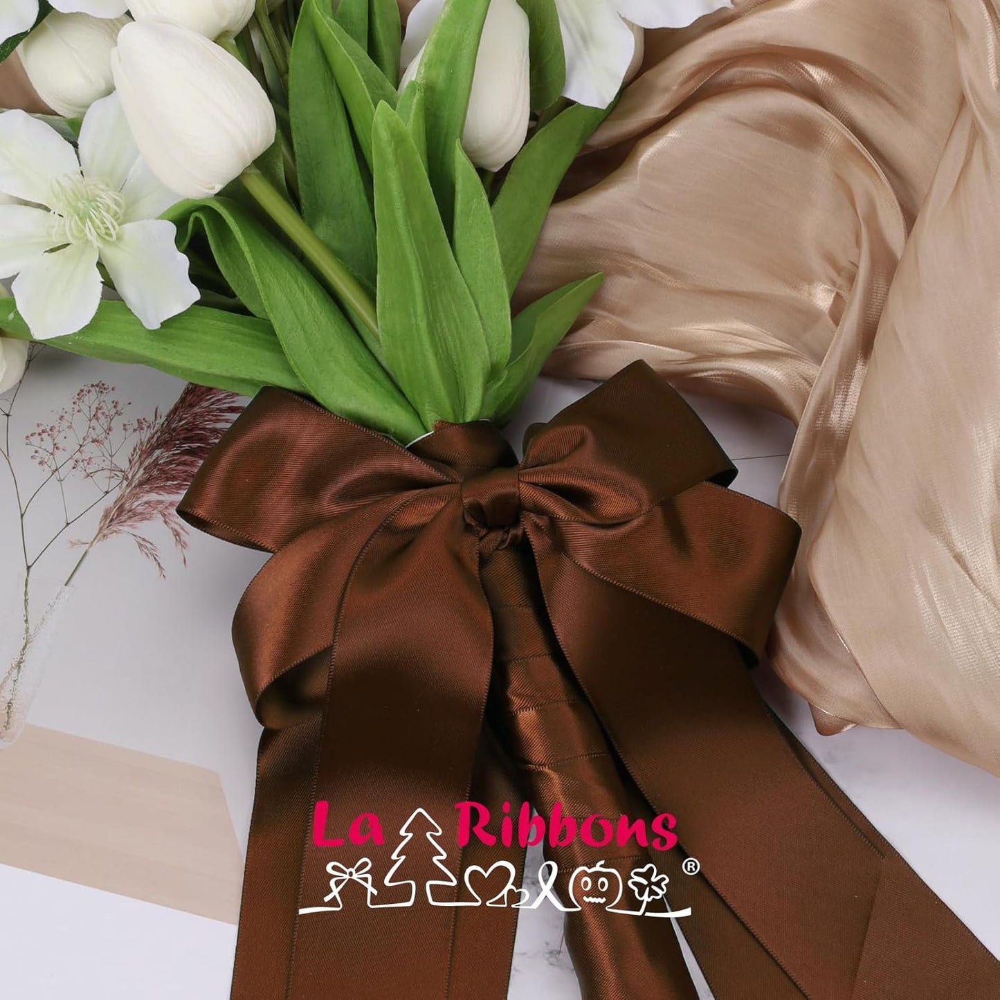 LaRibbons 1 1/2 Inch 50 Yard Double Faced Satin Ribbon,Friar Brown Satin Craft Fabric Ribbon for Gift Wrapping Floral Bouquets Wedding Party Decoration