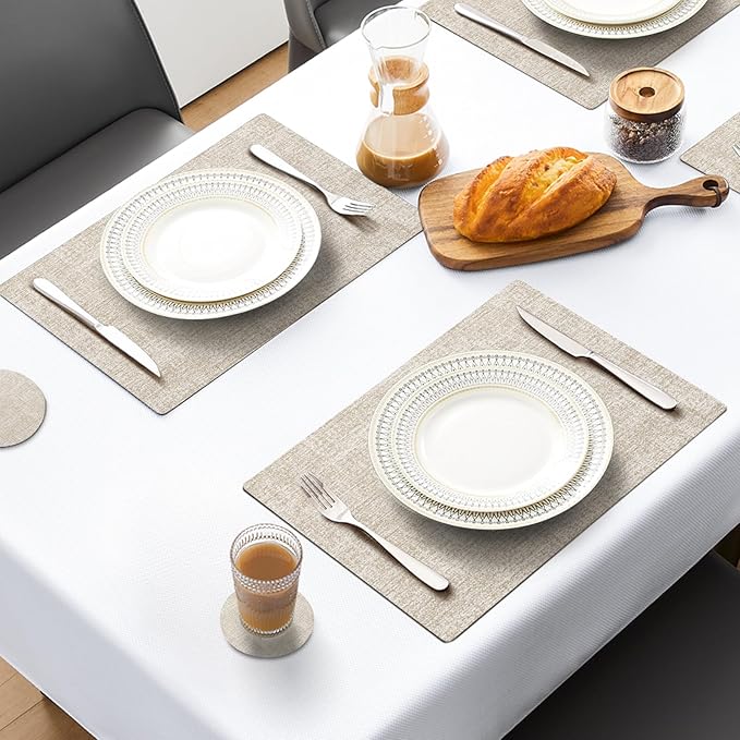 MOSAYT Faux Leather Placemats Set of 12, Heat Resistant Vinyl Place Mats with Coasters, Wipeable Washable 100% Waterproof Oil Proof Table Mat for Kitchen Dining Party Indoor Outdoor, 12" x 17", Beige