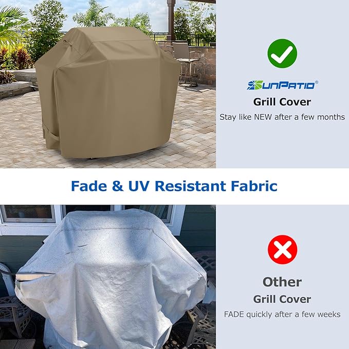 SunPatio Grill Cover 55 Inch for Outdoor Grill, Heavy Duty BBQ Cover with Waterproof Sealed Seam, FadeStop Material, All Weather Resistant Compatible for Weber CharBroil Nexgrill and More, Taupe
