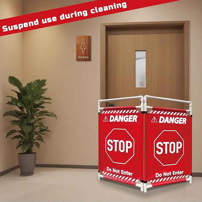 Safety Caution Barricade 2Panels Foldable Security Signs With PVC Tarp Removable Safety Barrier Wet Floor Guard Symbol Clear Printing Safety Fence(Red)