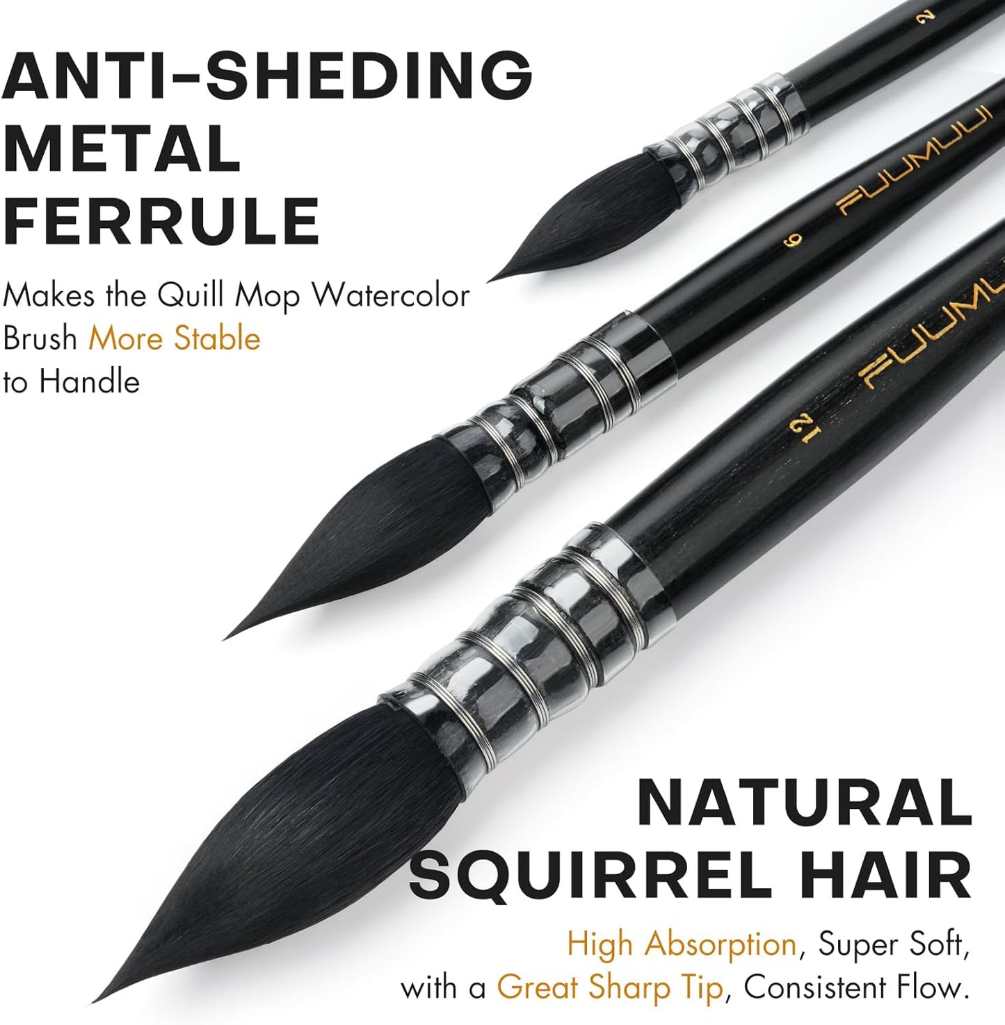 3PCS Squirrel Hair Watercolor Brushes, Fuumuui Professional Mop Round Quill Detail Fine Tip Watercolor Paint Brush Set for Water Color Gouache Ink Painting - Sizes #2, 6, 12