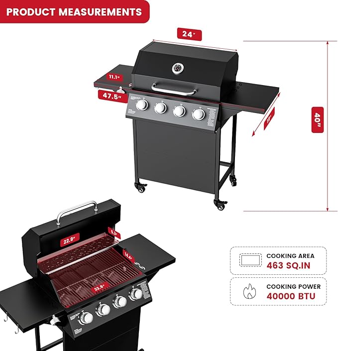4-Burner Propane Gas BBQ Grill, 40,000 BTU Output Stainless Steel Barbecue Grill with Side Tables & Wheels for Backyard,Camping and Outdoor Cooking (Black)