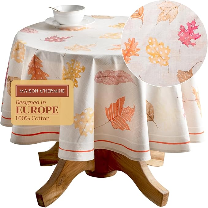 Maison d' Hermine Table Cloth Round Table 100% Cotton 69 Inches Fall Tablecloth Reusable Everyday Use for Thanksgiving Christmas Decorations Dining Farmhouse Party (Colours of Autumn)