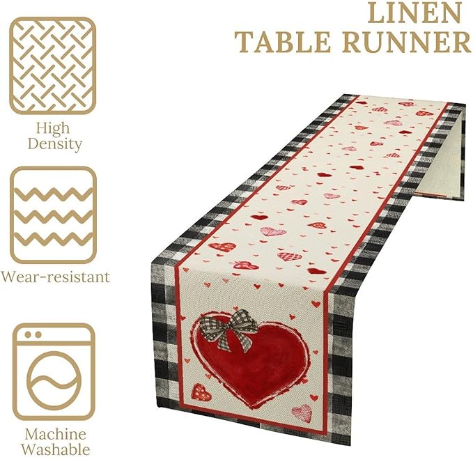 Valentines Day Table Runner,Vintage Red Black Heart Buffalo Plaid Valentines Decor for Table Seasonal Lovely Decor for Indoor Outdoor Dining Table Decorations, 13"x72"