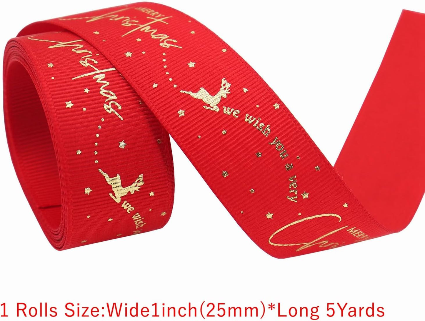 Christmas Gift Wrapping Ribbon, Red, Green, 2 Rolls Printed Grosgrain Ribbons for Crafts, Floral Bouquets, Sewing, Party and Festive Holiday Decor (2 Rolls(Color Blocking/Red), 1 Rolls=1in * 5Yards)