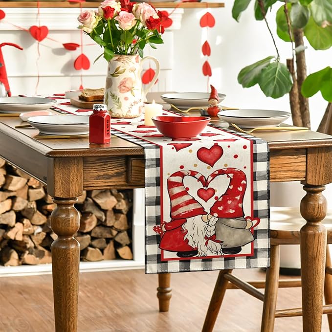 Artoid Mode Watercolor Hearts Gnomes Love Table Runner, Seasonal Anniversary Wedding HoliKitchen Dining Table Decoration for Indoor Outdoor Home Decor 13 x 108 Inch