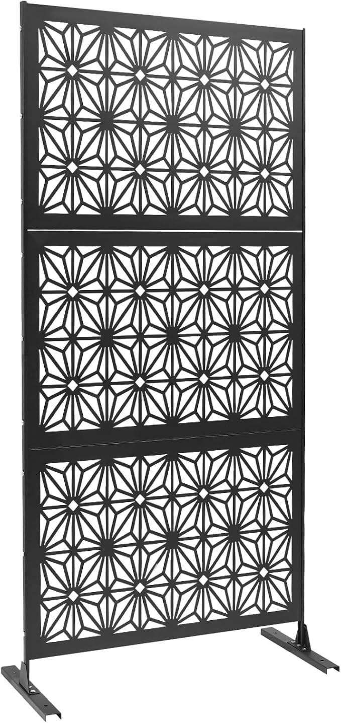 75" H×35" W Decorative Outdoor Privacy Screen with Stand, Outdoor Decor Privacy Fence Screen Metal Fence Panels, Free Standing Metal Divider for Patio Lawn Deck (Black-Snowflake)