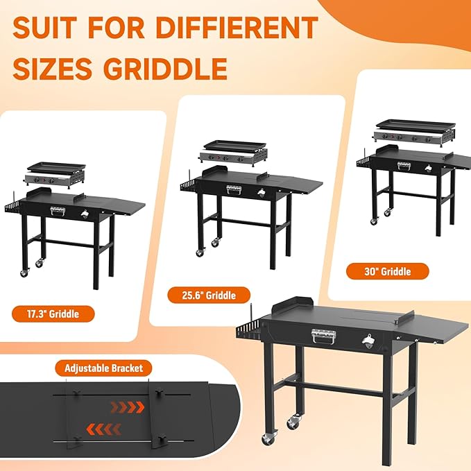 Grill Cart, Portable Grill Table for Blackstone Griddle, Foldable Outdoor BBQ Stand with Side Tray ＆ Hooks, Movable Pizza Oven Table for Outdoor Use, Fit 17"/25"/30" Large Space