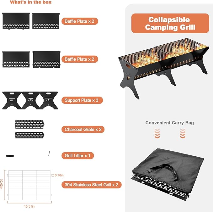 Charcoal Grills 2 Packs | Portable Folding Camping Grills, Backpacking & BBQ Grill, Heavy Duty Firepit Grate Grill with Carry Bag for Outdoor Cooking, Bonfire, Patio, Backyard-31 Inch