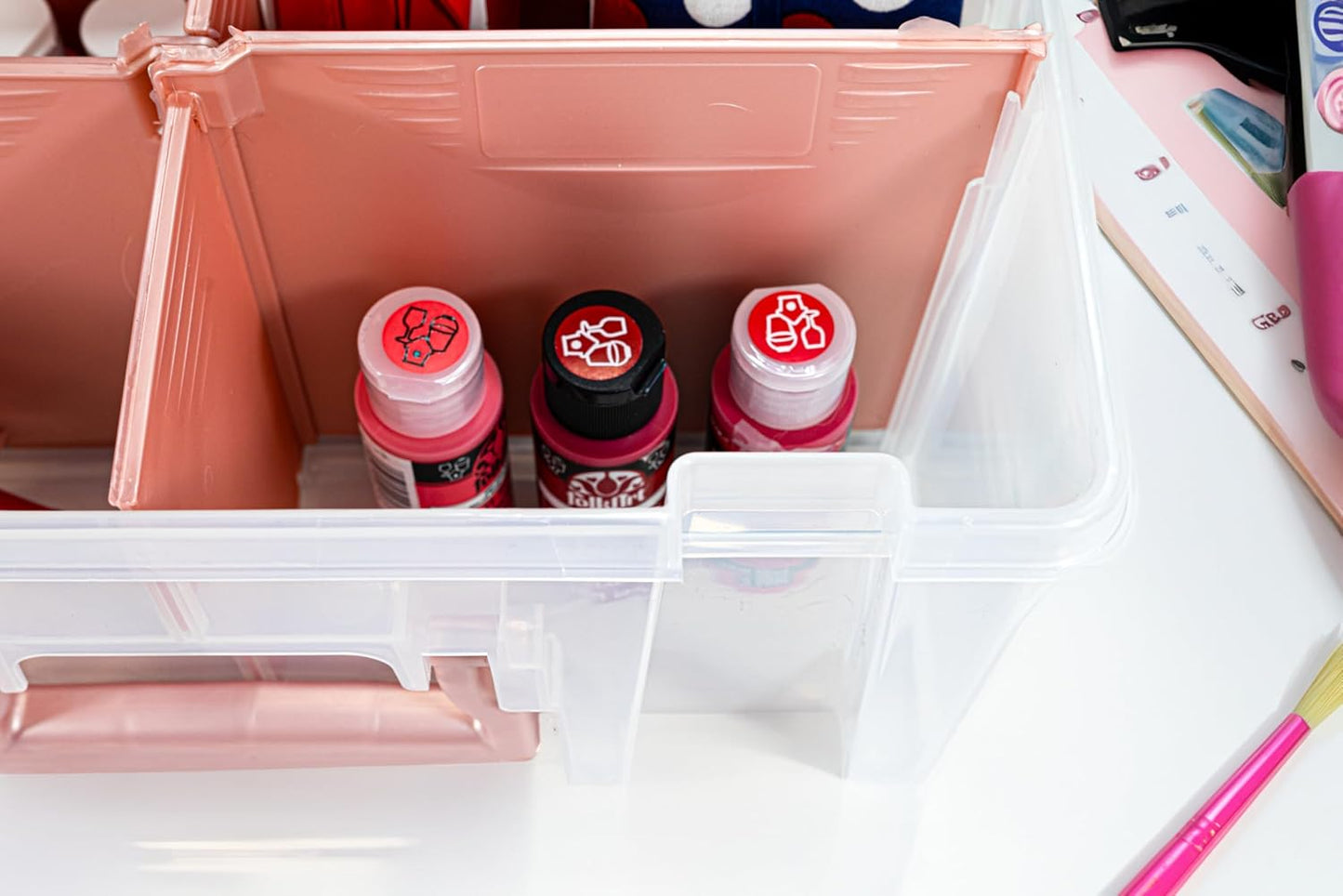 ArtBin 6990RK Super Satchel Double Deep, Portable Art & Craft Organizer with Handle, [1] Plastic Storage Case, Clear with Rose Gold Accents