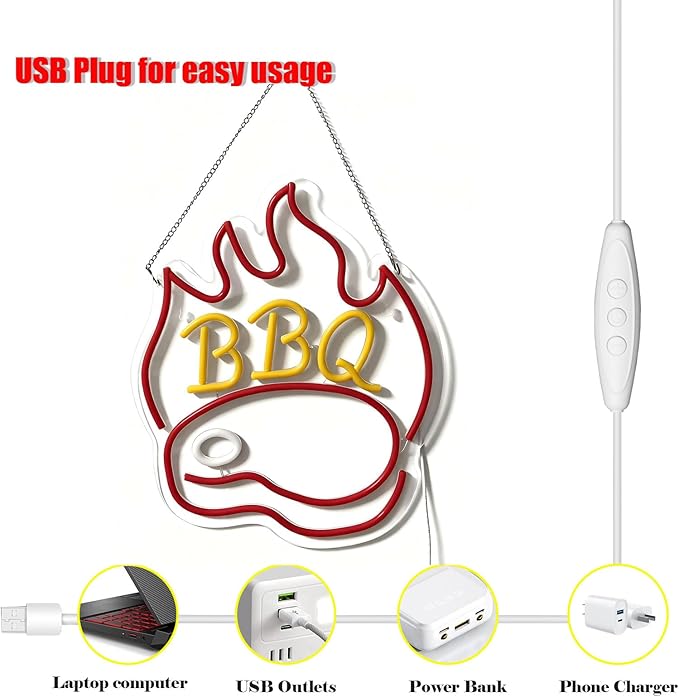 BBQ Neon Signs for Backdrop wall decor，Dimmable USB Powered,Barbecue Neon Light Up Home Party restaurant Grill Beer Bar Decoration Lights, Bright LED bbq sign (14.8"*12.2"in)