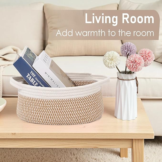 Woven Basket,Small Rope Storage Bin with Handles & Ribbon Bag, Organizer for Shelves Closets,Gift Basket Empty for Birthday,Books,Dog Toys, White&Brown Block/3 Pack