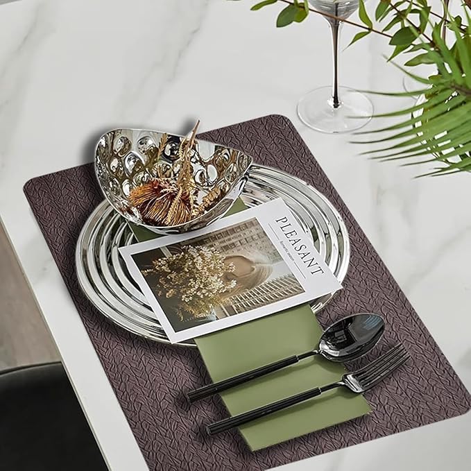 PIGCHCY Waterproof PVC Place Mats Set of 6, Non-Slip Faux Leather Placemats Rattan Pattern Surface Table Mats for Wedding/Birthday Party/Kitchen (18"x12", Brown)