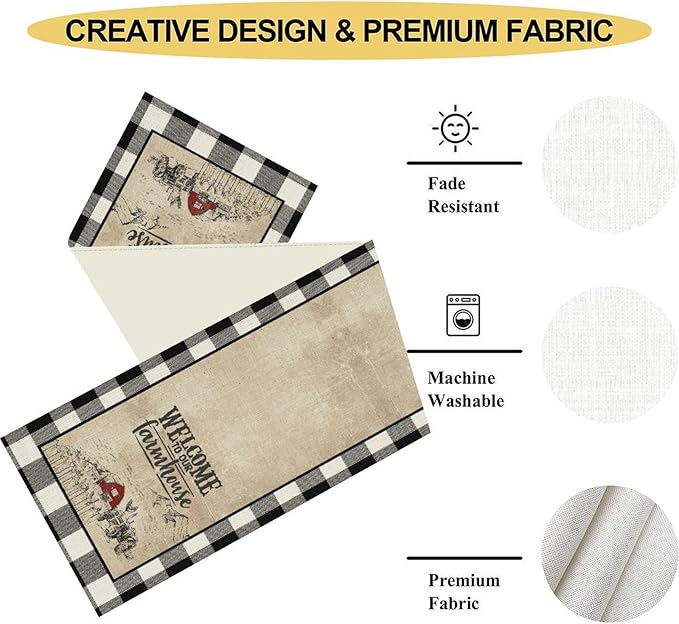 Farmhouse Table Runner, Rustic Country Barn Cottage Check Animal Coffee Table Center Decor for Home Kitchen Dining Patio Holiday Party Indoor Outdoor Table Decorations 13"x36"
