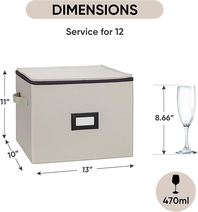 BALEINE China Storage Containers, Sturdy Quilted Wine Glass Storage, Plate Organizer with Carry Handles, Moving Boxes for Dishes, Cups, Mugs and Stemware (Champagne Flute, Hard Shell Cream)