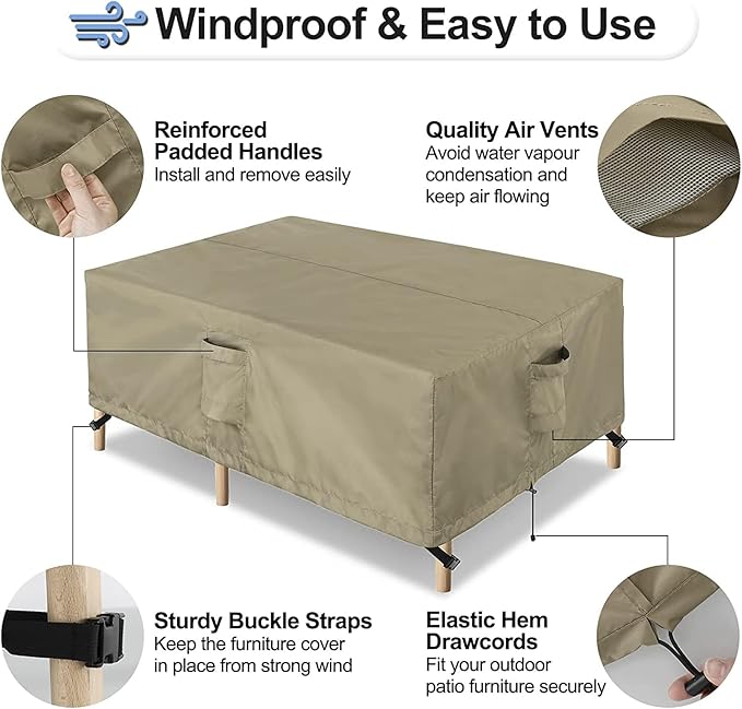 OutdoorLines Outdoor Waterproof Patio Table Furniture Set Covers - Square Weatherproof Patio Furniture Covering for Deck, Lawn and Backyard 126 L x 126 W x 32 H in, Camel