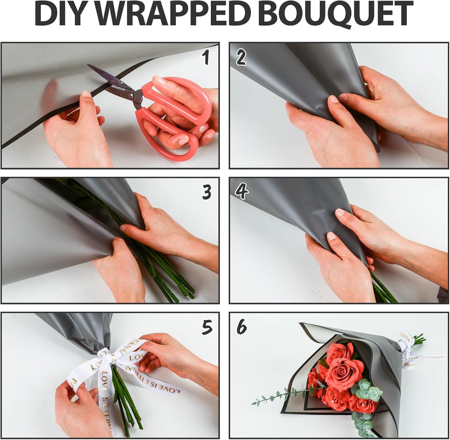 FUHITIM 20 Sheets Flower Wrapping Paper - Waterproof Black Floral Wrapping Paper for DIY Crafts, Florist Supplies Packaging for Wedding Valentine's Day Birthday Gift