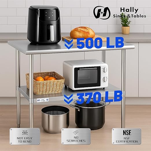 Hally Stainless Steel Table for Prep & Work 30 x 48 Inches, NSF Commercial Heavy Duty Table with Undershelf and Galvanized Legs for Restaurant, Home and Hotel