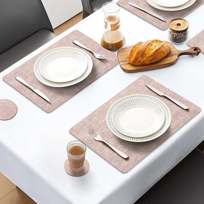 MOSAYT Faux Leather Placemats Set of 6, Heat Resistant Vinyl Place Mats with Coasters, Wipeable Washable Waterproof Oil Proof Table Mats for Kitchen Dining Indoor Outdoor, 12" x 17", Pink