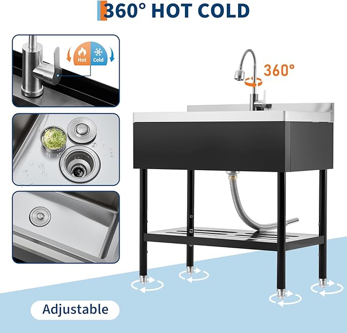 Stainless Steel Utility Sink, 36 x 20 x 35.5 Inch Freestanding Commercial Sink, Adjustable Leg with Hot and Cold Water Faucet, Hoses and Drain Kit, for Kitchen, Garage, Bathroom, Outdoor Use Black