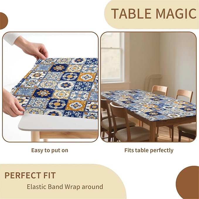 Rectangle Table Cloth Cover Waterproof Elastic Fitted Polyester Fitted Tablecloths for 8 Foot Tables for Indoor,Picnic, Camping, Outdoor （96" x 30"，Bohemian Style）