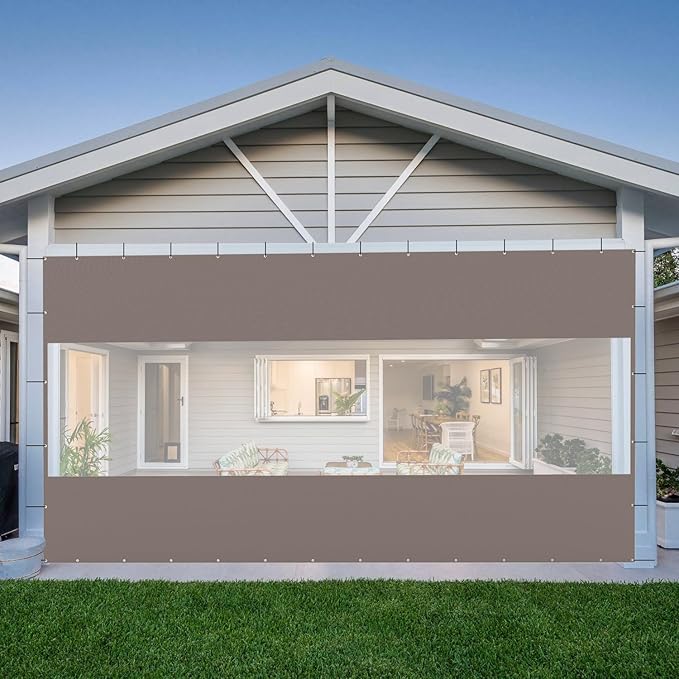 Domi Heavy Duty Outdoor Clear Panel Curtain, 18 oz Waterproof PVC Polyester Curtain, Weather Resistant & Tearproof for Patios, Gazebos, Pergolas, Privacy Screen (8'H x 16'W, Gray)