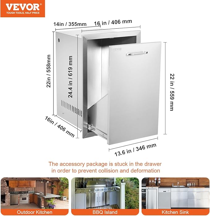 VEVOR Outdoor Kitchen Trash Drawer 16Wx22Hx16 D, Propane Tank Drawer, Stainless Steel Pull Out Trash with Handle, Outdoor Kitchen Cabinets Can Pull Out, BBQ Island Bin