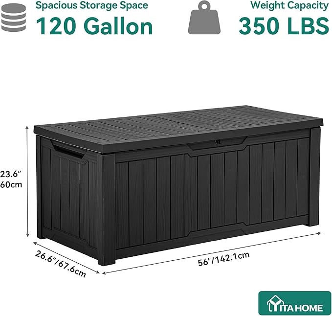 YITAHOME 120 Gallon Large Deck Box, Resin Outdoor Storage Box for Outdoor Pillows, Garden Tools and Pool Supplies, Waterproof, Lockable, Black