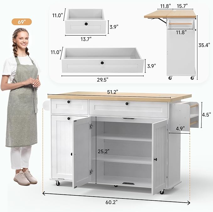 60" Kitchen Island with Power Outlet & Drop Leaf, Kitchen Rolling Island with Spice Rack & Towel Rack, Knife Holder, Kitchen Island Cart with Trash Storage Cabinet, Mobile Island Table for Kitchen