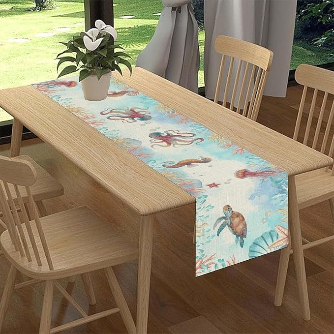 Blue Coastal Table Runner, Nautical Starfish Turtle Seashell Coral Shell Beach Ocean Dining Table Runner for Coffee Table Home Party Decor 13"x72"