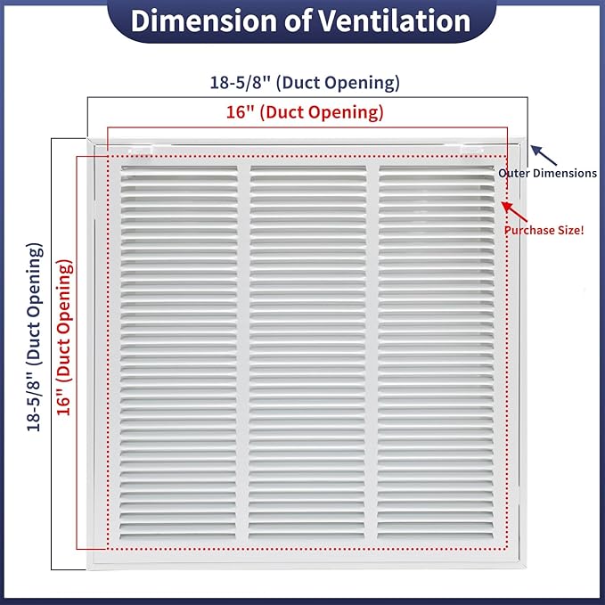 16"W x 16"H [Duct Opening Size] Steel Return Air Filter Grille - Removable Face/Door for 1 inch Filters -HVAC Vent Cover Grill - White [Outer Dimensions: 18 5/8"W X 18 5/8"H]