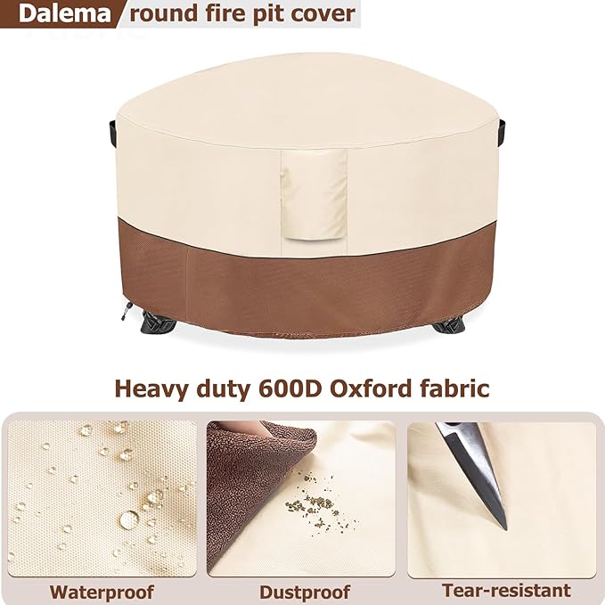 Fire Pit Cover,Outdoor Heavy Duty 600D 100% Waterproof Fire Pit Cover Round,Weatherproof Firepit Covers Round 38" Dia x 24" H,Beige & Brown