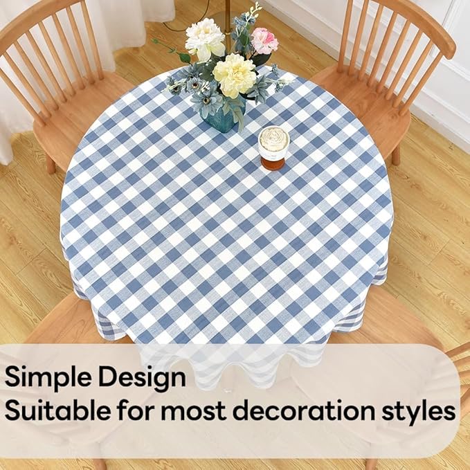 Gingham Table Cloth for Round Tables Sky Blue Checkered Plaid Tablecloth Heavy Duty Cotton Blend Washable & Wrinkle Table Cover for Outdoor Kitchen Dining Picnic Camping (60 inch Diameter)
