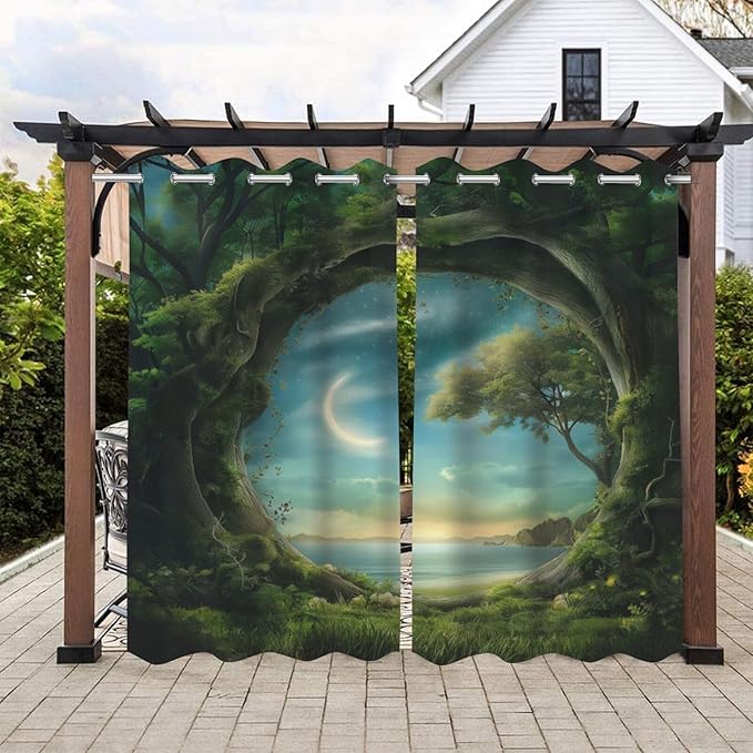 Forest Theme Waterproof Indoor/Outdoor Curtains,Trees Moon Lake Pattern,Privacy, Grommet Curtains for Patio, Pergola, Porch, Deck, Lanai, and Cabana,2 Panel,W54 x L96,Green