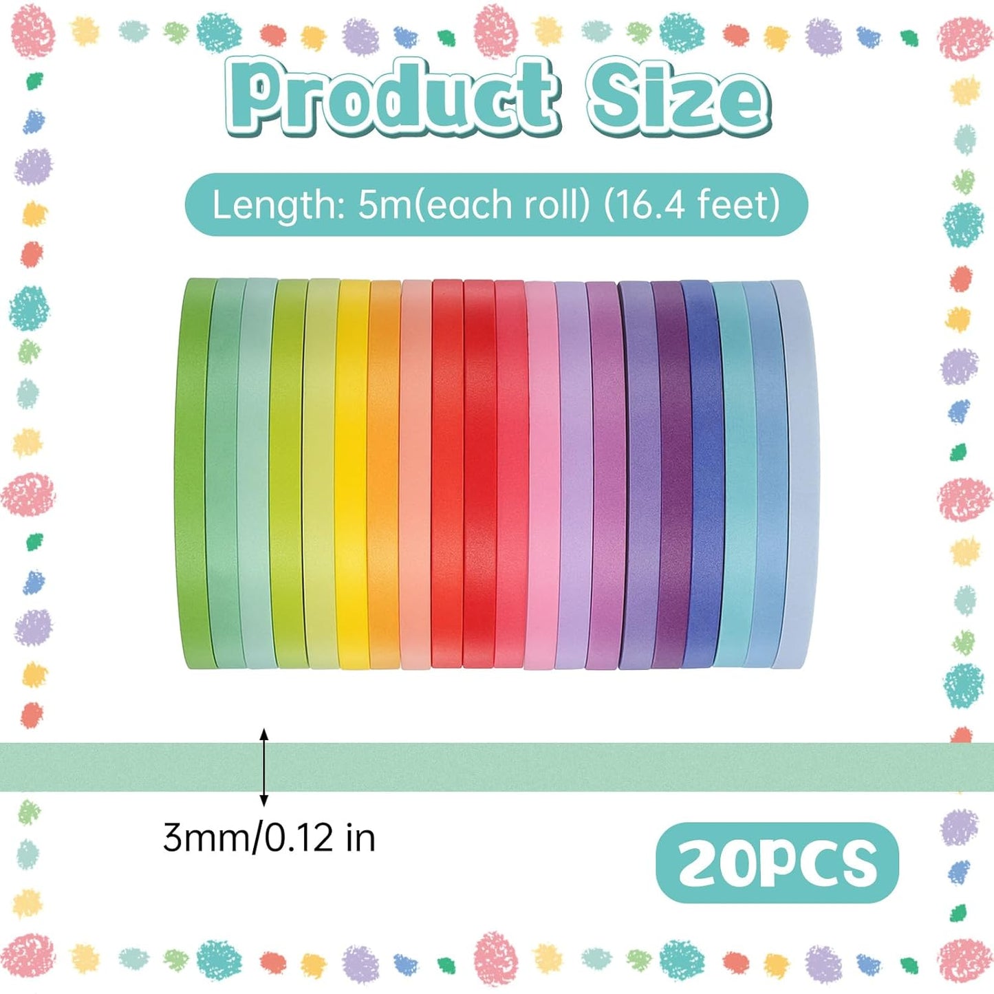 20 Rolls Rainbow Washi Tape Slim, 3mm Colorful Rainbow Pastel Washi Tape Set Skinny Thin Decorative Colored Washis Craft Tapes, Rainbows Colors Thin Decorative Tapes for Journal DIY Planner Craft